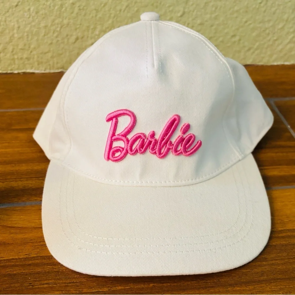 Pink and White Embroidered Barbie Logo 5 Panel Adjustable Hat Cap